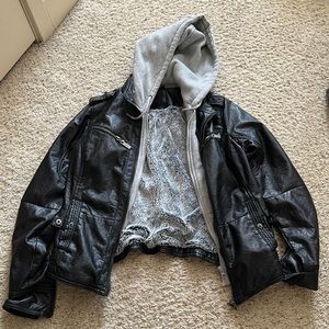 Like New Pleather Jacket, fleece lining, detachable hood